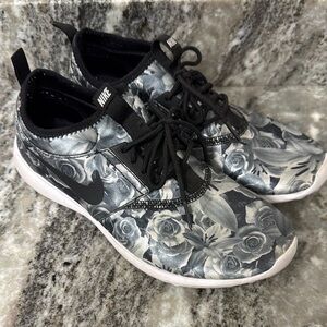 Nike Black and Gray Athletic Shoes with Floral Design